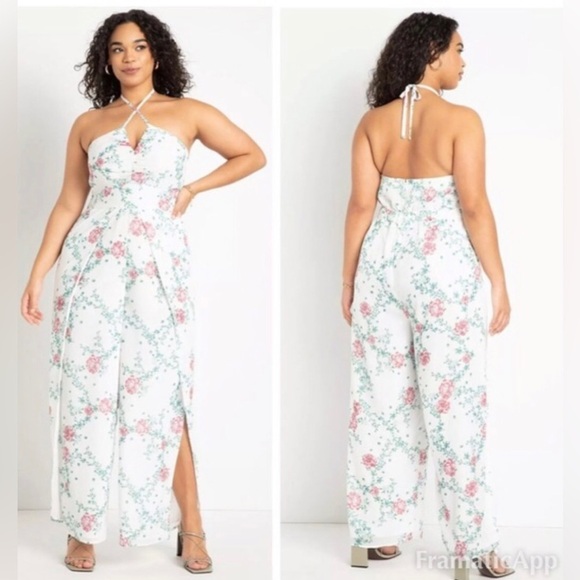 Eloquii Pants - Eloquii|White chiffon floral halter jumpsuit with wide leg, open leg detail•••22